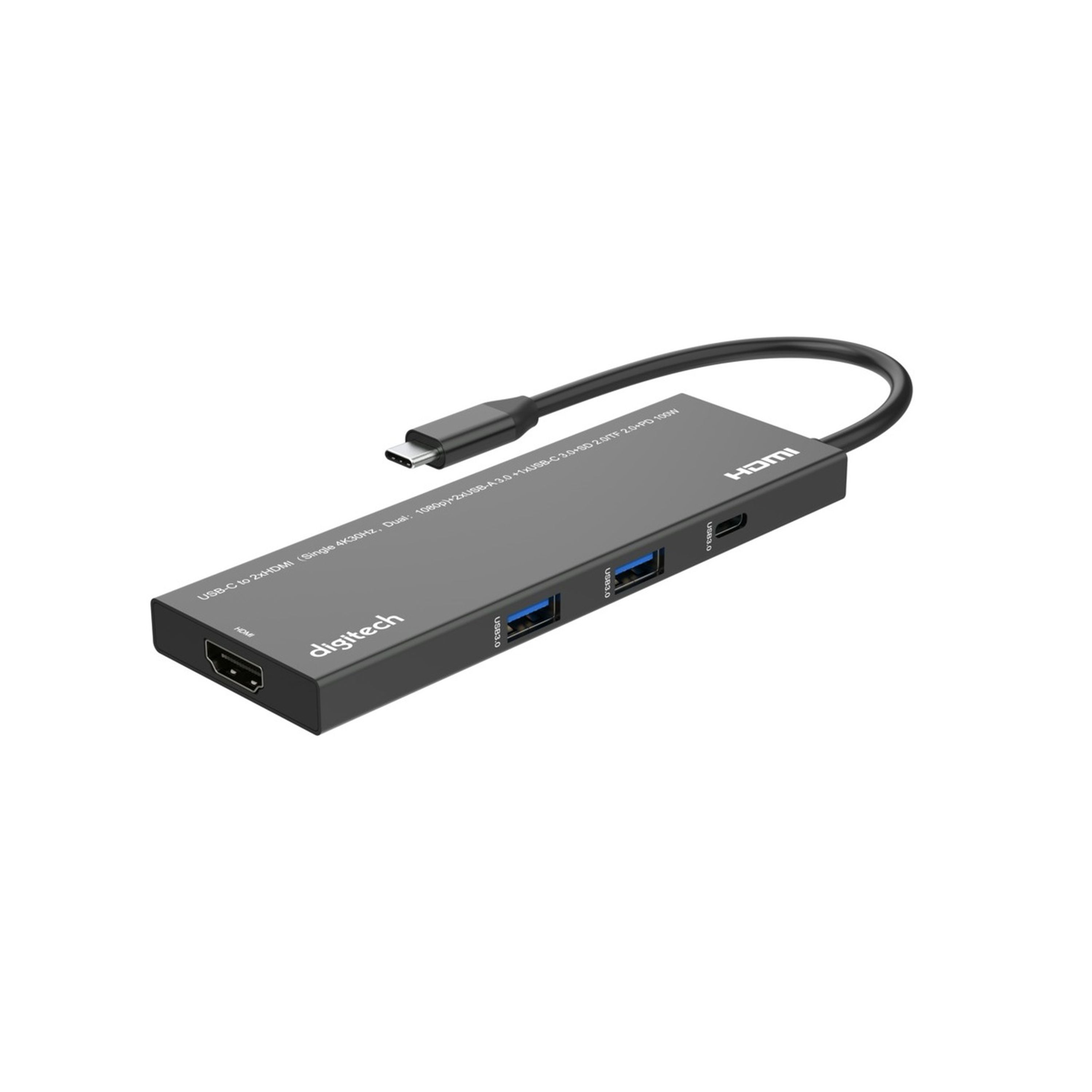 USB-C to 2xHDMI Single 4K30Hz Dual:1080p Adapter with 2xUSB-A 3.0 1xUSB-C 3.0 Data Only SD 2.0/TF 2.0 PD100W
