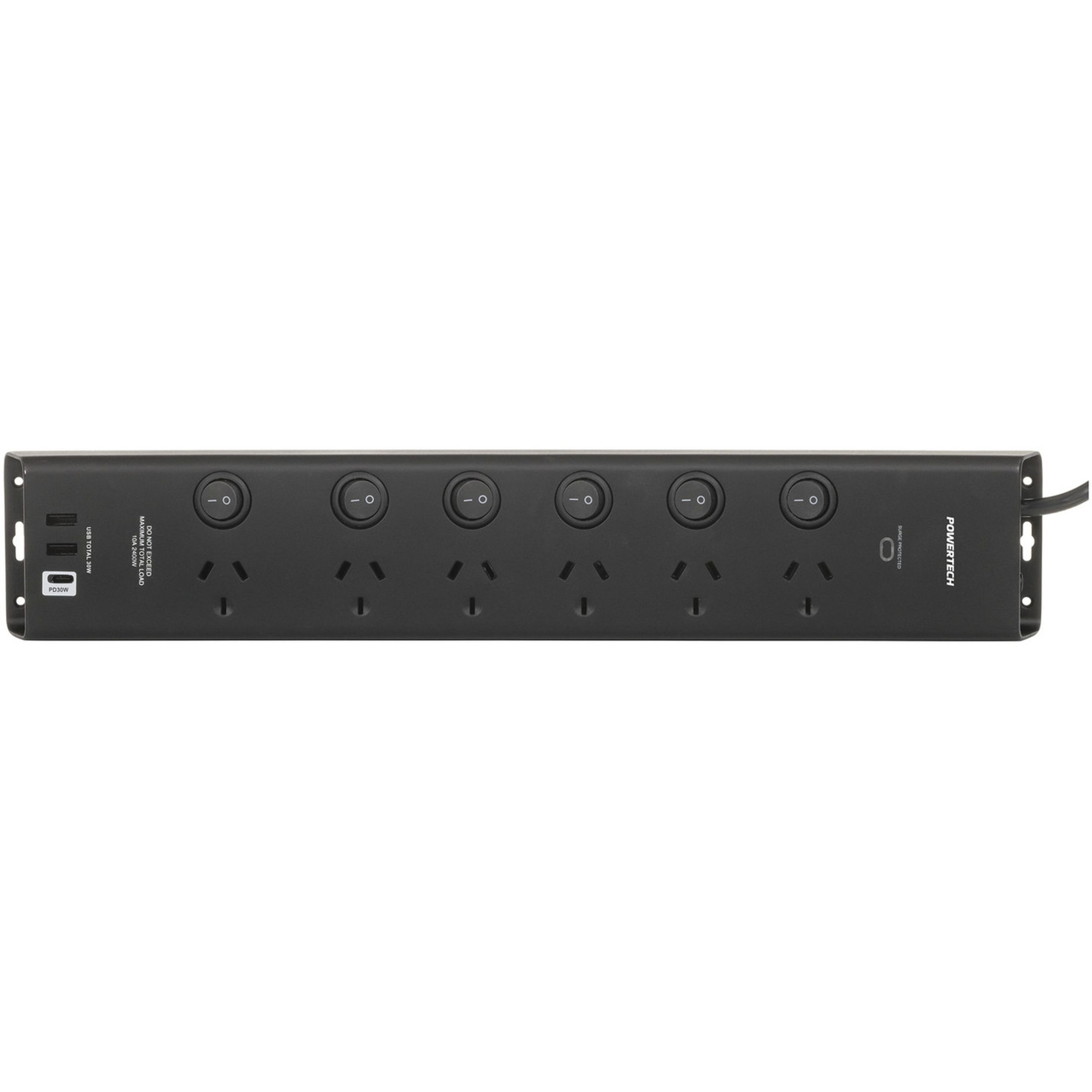 Work Bench 6 Way Surge Protected Individual Switch Power Board with 2 x USB Type-A and Type-C PD