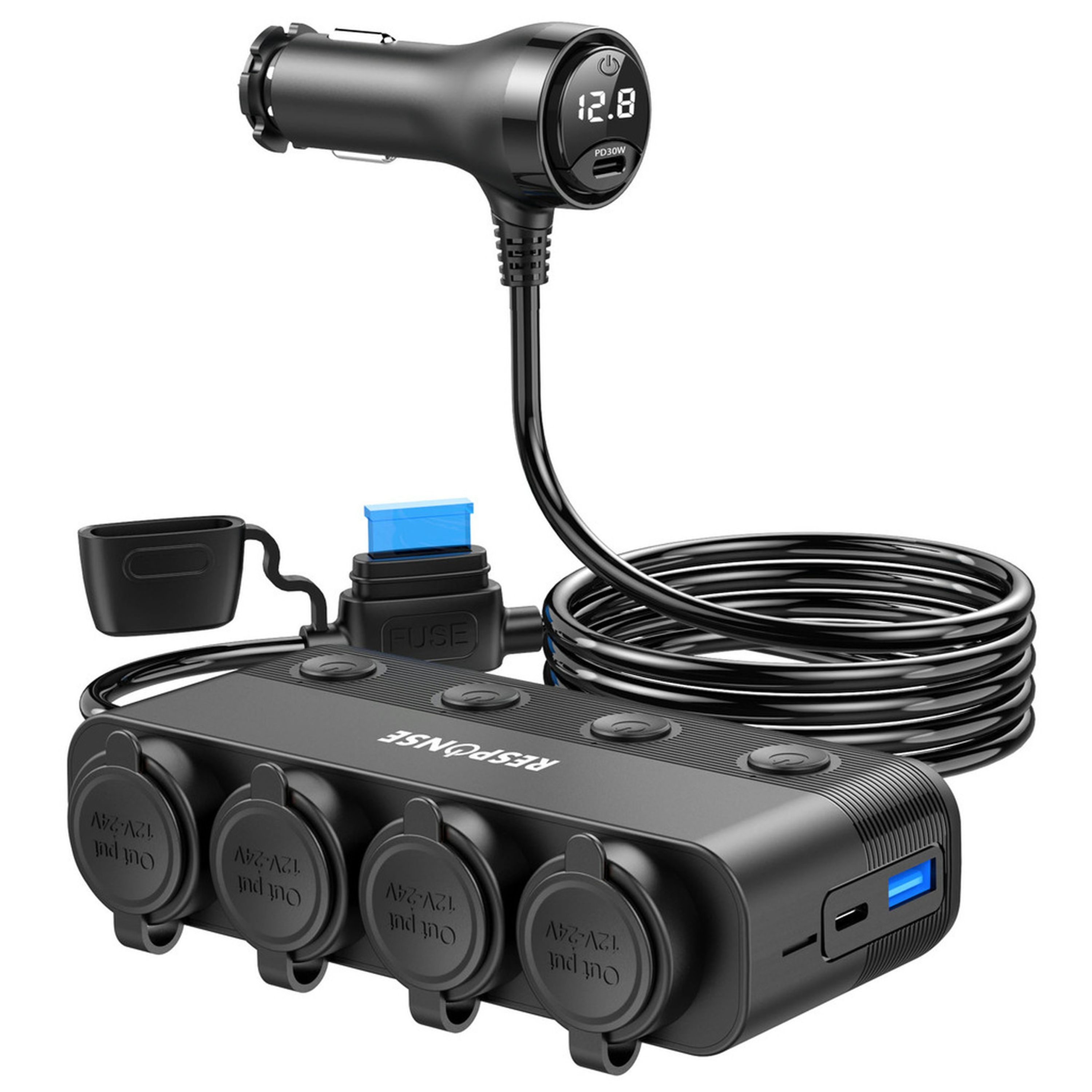 4-Way Cigarette Lighter Splitter with USB Charging Ports and Voltage Display