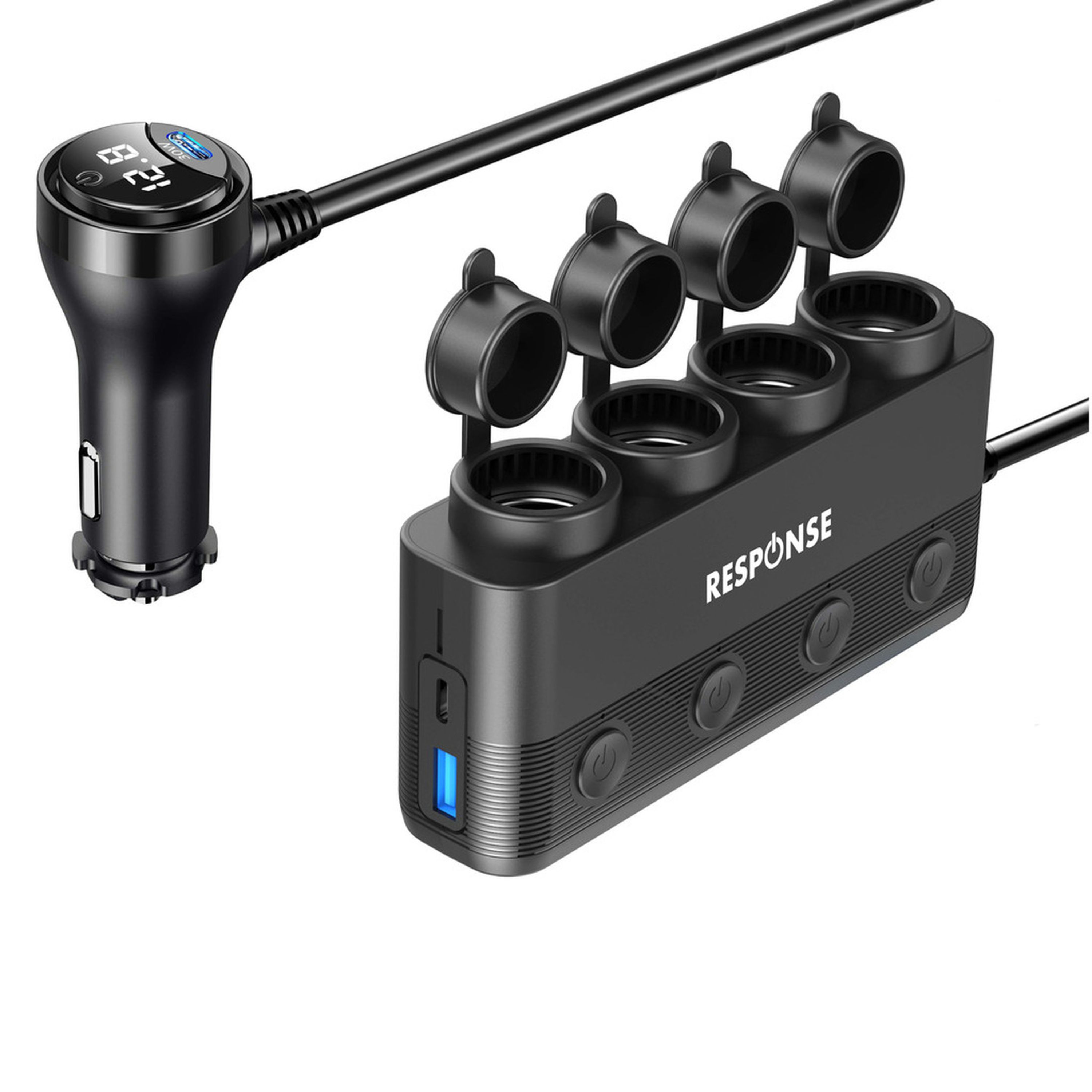 4-Way Cigarette Lighter Splitter with USB Charging Ports and Voltage Display